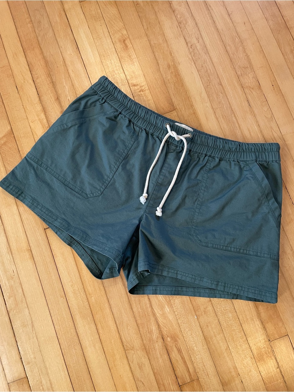 PACT Organic Cotton Twill Drawstring Shorts Pockets Army Teal Green Pull On